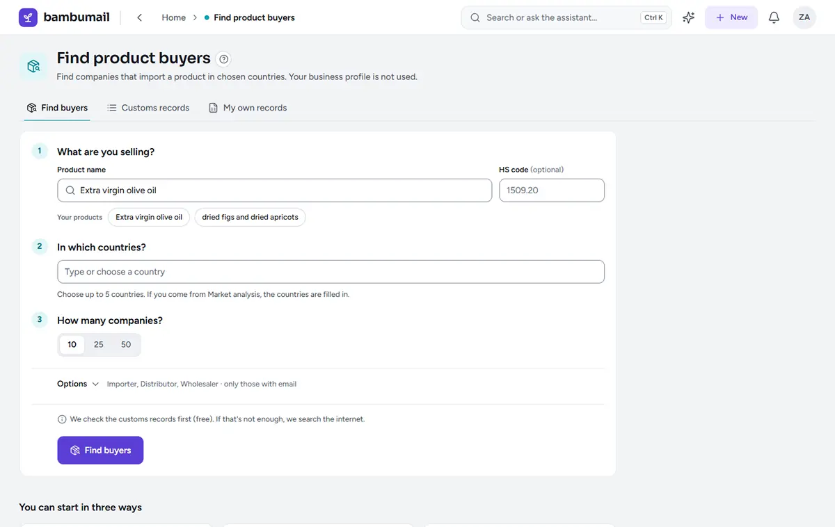Find product buyers screen: a field for the product name or HS code, and the choice of countries.