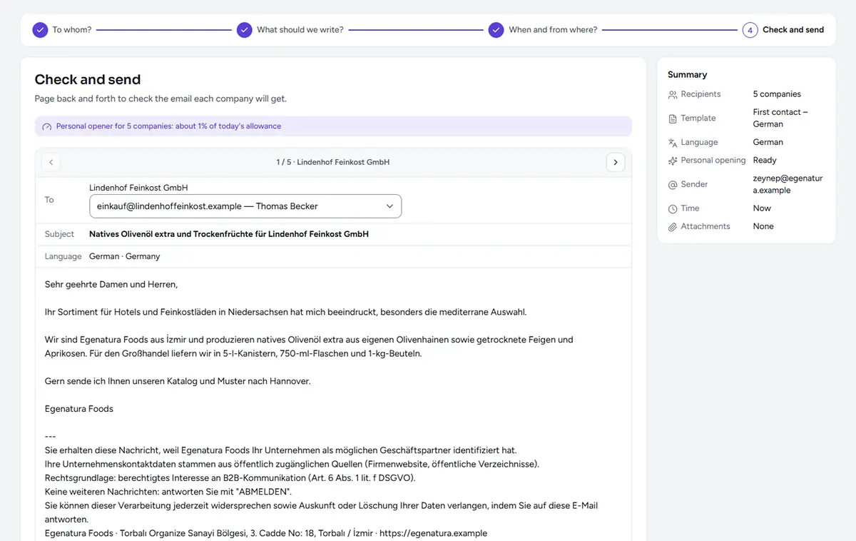 Preview step of Send email: the final email to one company, with its personal opening and the legal notice at the bottom.