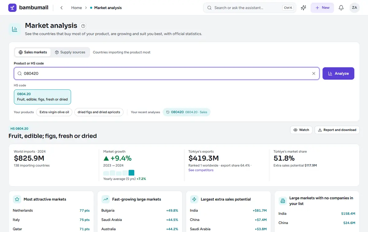 Market analysis screen: world imports, growth, Türkiye’s share, and countries ranked by attractiveness score.