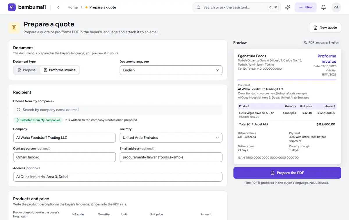 Prepare a quote screen: pro-forma details on the left, a live PDF preview of the document on the right.