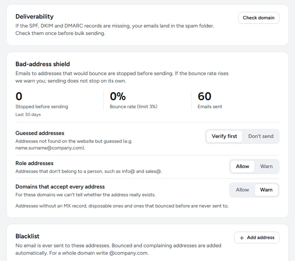 Deliverability and privacy settings: domain check, bad-address shield and blacklist.