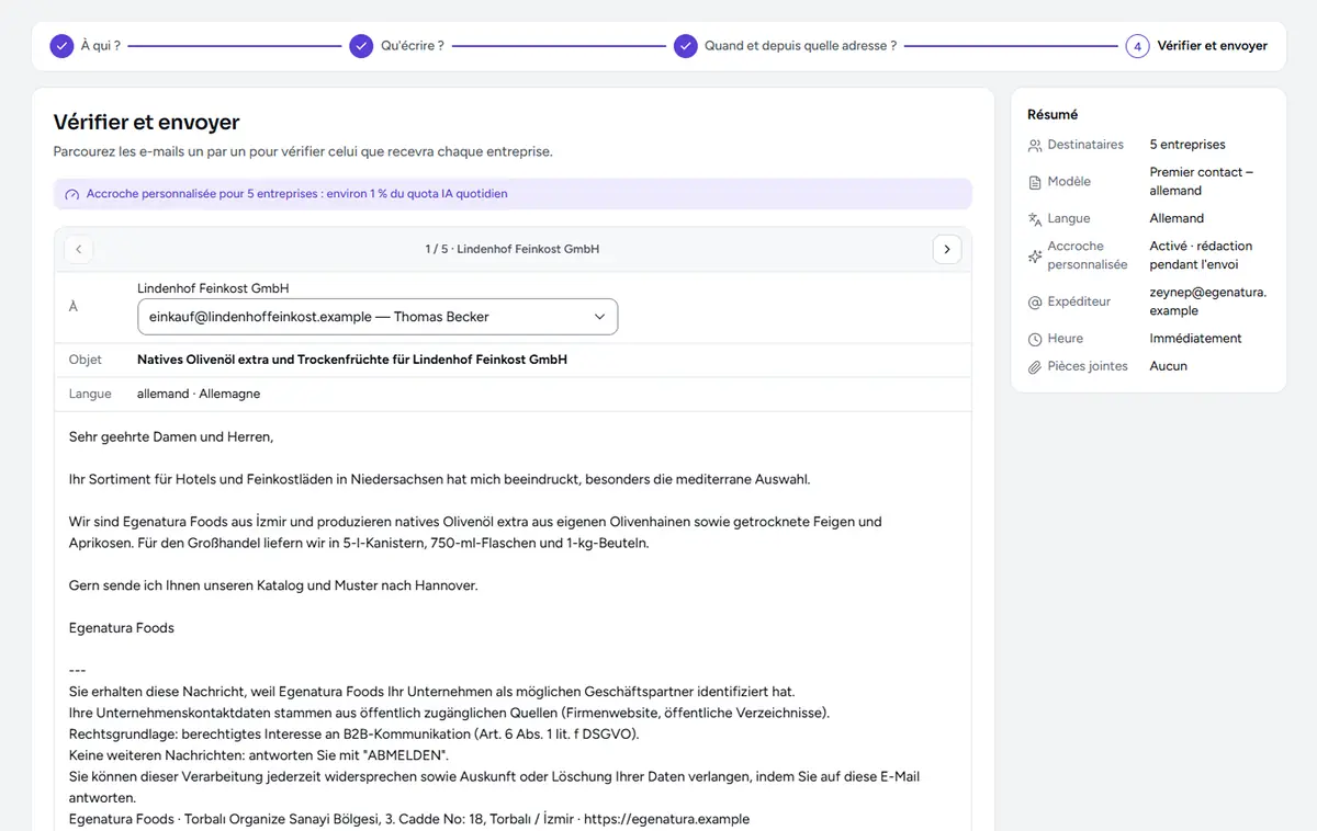 Étape d’aperçu de l’écran Envoyer un e-mail : la version finale de l’e-mail destiné à une entreprise, l’accroche personnalisée et la mention légale en bas.