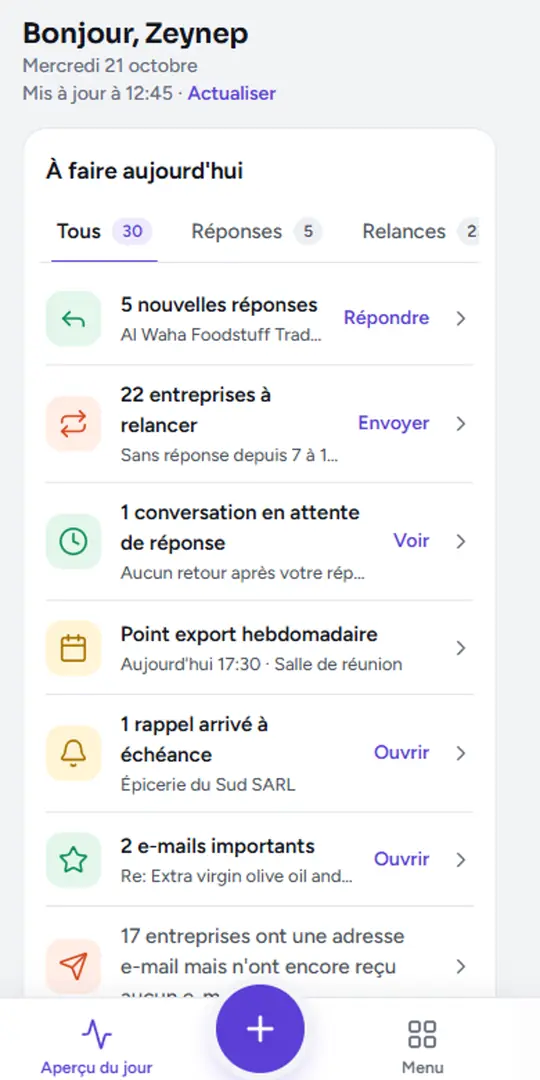 Écran Aperçu du jour dans le navigateur d’un téléphone : les réponses, relances et rendez-vous du jour.