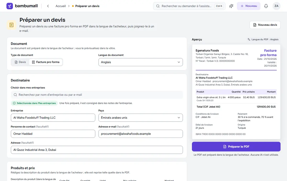 Écran Préparer un devis : à gauche, les informations de la facture pro forma ; à droite, l’aperçu PDF du document en direct.