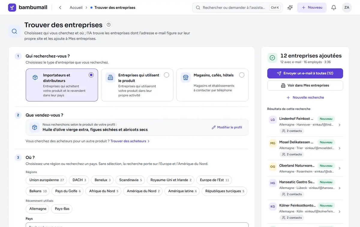 Écran Trouver des entreprises : type d’entreprise recherché, raccourcis de région et résumé de la recherche avant le lancement.