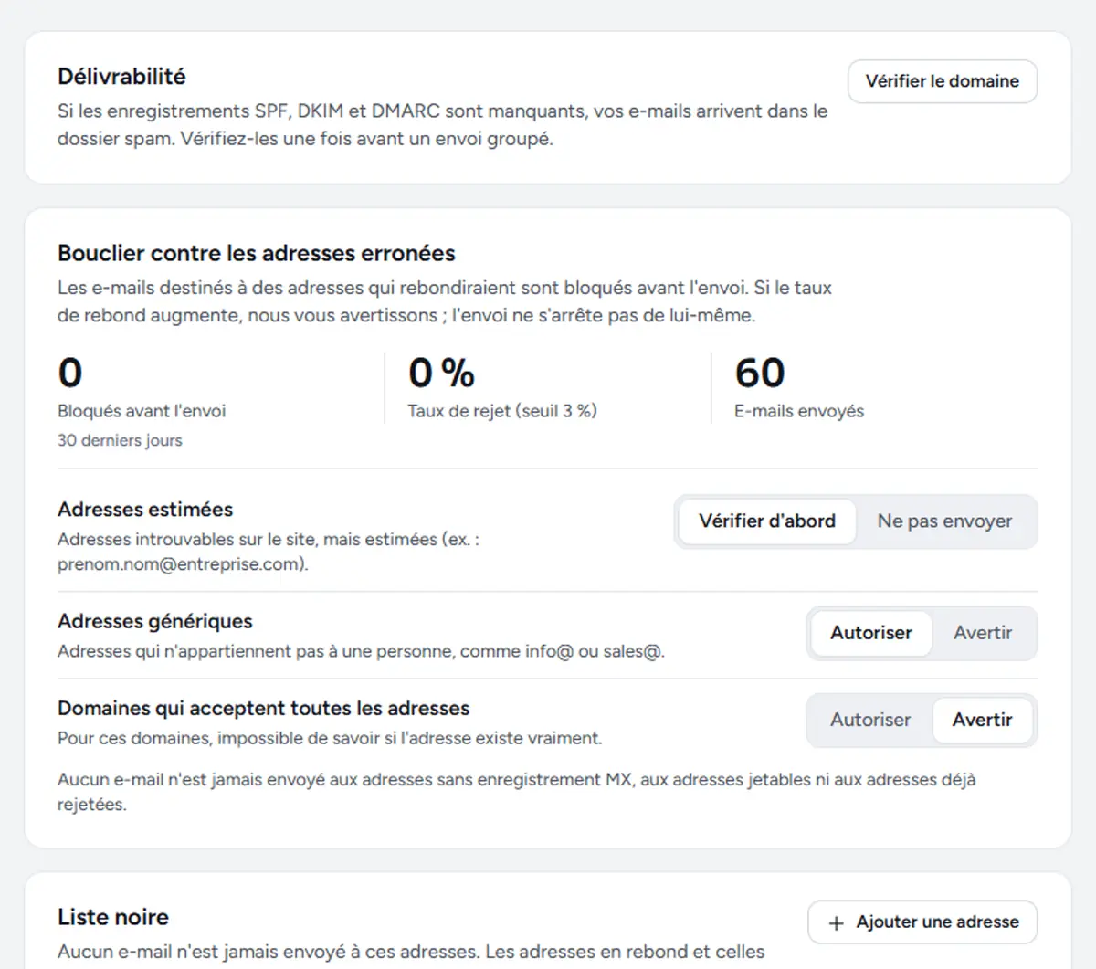 Paramètres Délivrabilité et confidentialité : vérification du domaine, bouclier contre les adresses erronées et liste noire.